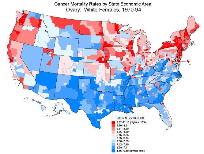 Map of Ovarian Cancer Mortality Rates in the US